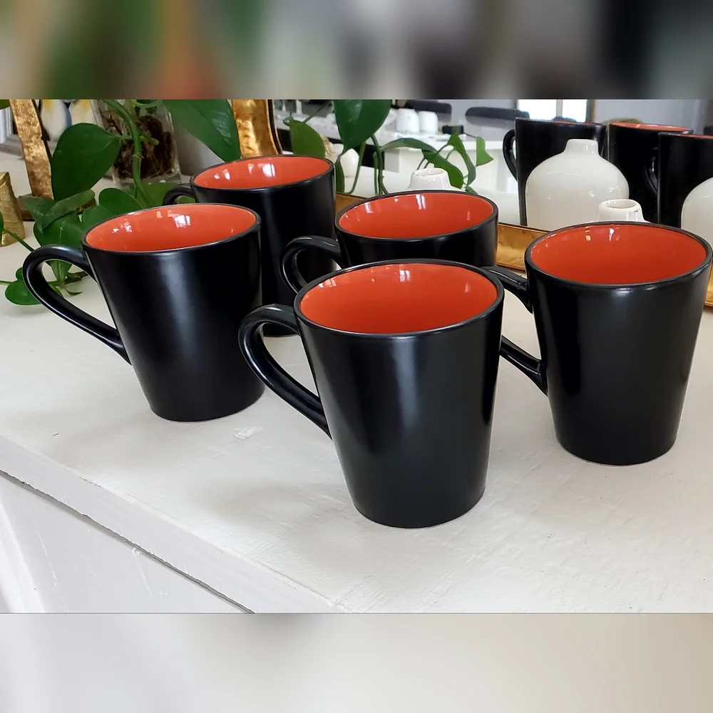 Pier 1, Set of 5, Ebony Rim Coral Colorblock Stoneware Coffee Cups, 14oz, EUC